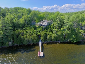 Aerial view of Top O' the Ridge and private dock on Long Pond