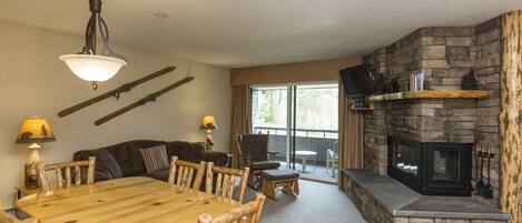 Fireplace uses duraflame logs.