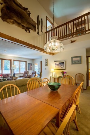 The dining table seats up to 8 people