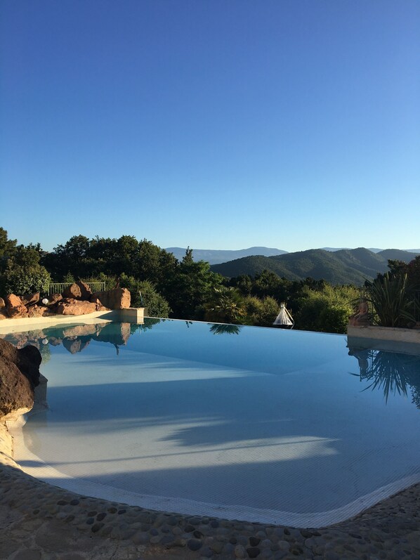 Piscine avec plage àdébordement dans un jardin paysager