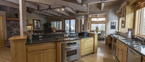 Spacious kitchen open into living room.