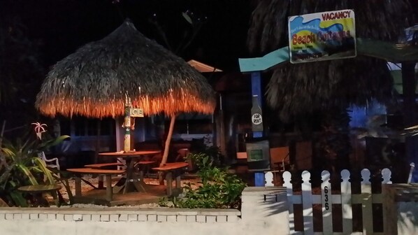 TIki Hut from sidewalk at night with big shell front yard and massive Palm trees