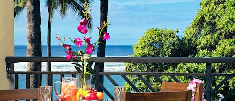 Ocean and beach view lanai! - Watch the whales breach from your lanai with dining table, chaise lounge and end table!