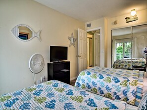 Flat screen TV and closet space in the guest room.