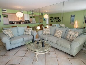 Mirrored walls bring in plenty of natural light