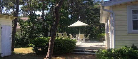 Back deck with seating and gas grill