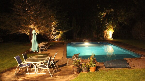 The pool area at night