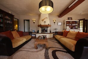Downstairs lounge with wood fire