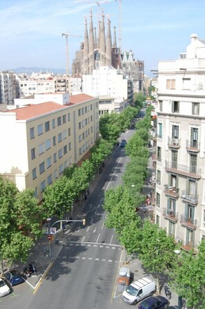 The view looking down onto the street