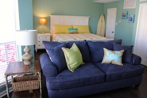 View from front door.  Queen sofa sleeper and king bed.