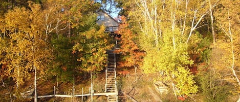 View from the end of the dock.  The retreat cabin is on the lower level.