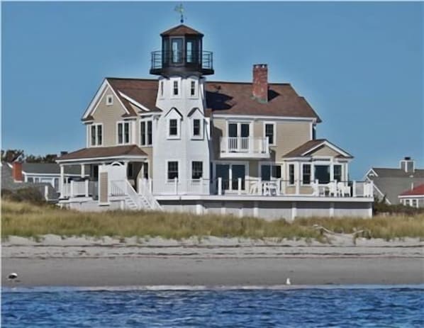 View from water. The beach is beautiful white sand and the water is warm!