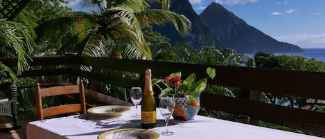 Dinning on the Treehouse II deck overlooking the Pitons and ocean is heavenly!