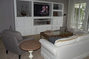 Living room entertainment center. Flat screen TV. DVD player.