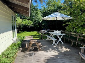Bird chirp-y deck and backyard.