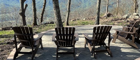 Stone Patio with Adirondack Chairs and Amazing Views of Mountains and Valley