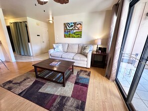 Relax in comfort with tropical touches and natural light.