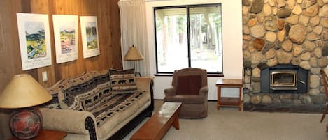 Mammoth Lakes Condo Rental Sunshine Village 138 - Living Room has a Woodstove