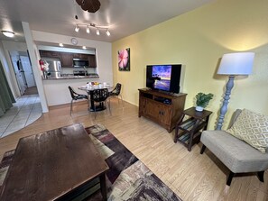 Relax in comfort with tropical touches and natural light.