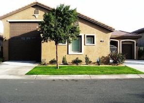 Front view of our single level home in Indian Palms Country Club.  