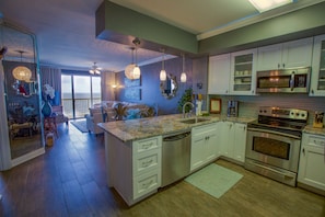 Kitchen, all stainless .steel appliances.