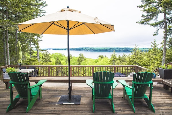 View from deck over Muscongus Bay with fire pit and over 1000 sq feet