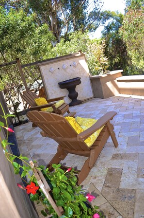 View from front doors of the courtyard, fountain & Eucalyptus trees.