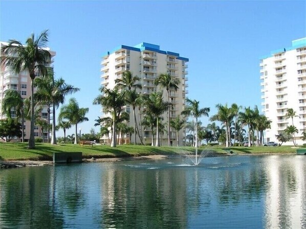 Front fountain. Tennis courts and shuffleboard right next to the fountain. 