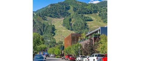 View from condo complex parking lot of Aspen Mountain and the Aspen Art Museum
