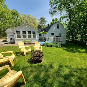 Sunny yard and deck.
