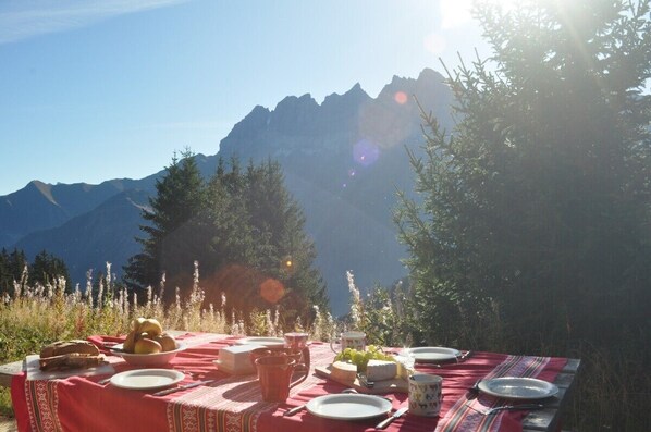 Terrace, Summer - breakfast  in Chalet Chalin, Valais, Switzerland