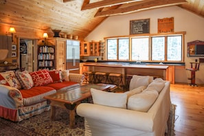 The Greatest Great Room EVER! Cozy Sofas, Library, Chefs Kitchen! VIEWS abound! 