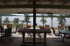 Lake view from the house & our newly constructed patio bar table (Spring 2020)