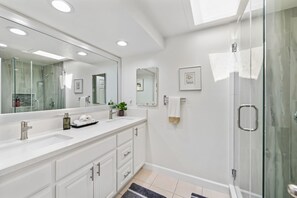 Master bathroom with double sinks and walk-in shower.