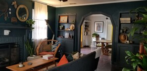 Vintage Furnishings + Working Gas Fireplace and a Small Desk for working