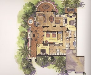 Floor plan for our Villa: 3 bedrooms/3 bath with outdoor fireplace and jacuzzi