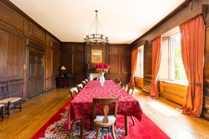 Large oak paneled room, facing South over garden, great for grand dinners! 
