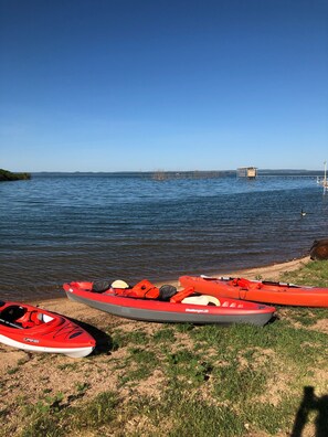 We  have three kayaks . One 2 person and two 1 person kayaks for your lake fun!