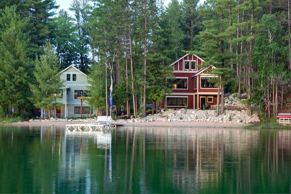 View from Lake at Lakemore Cottage, left, Lakemore Lodge, right