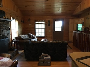 Living room with fold out couch.