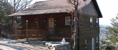 Side view of the cabin with valley