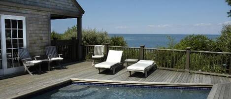 The heated swimming pool also has views of the Sound