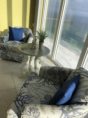 A nice, quaint sitting area in the master suite that overlooks the Gulf.  Chill!