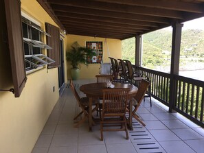 Outdoor Teak Table for 4 & 4 High Cocktail Chairs. Another Swing at Far End