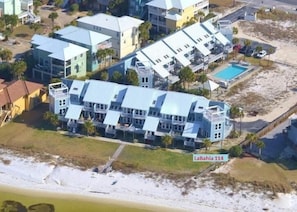 The complex with pool;Unit 114 on the end, lower right. Bay is on bottom
