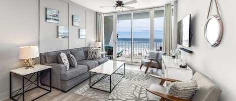 Living room, flat screen TV, balcony views