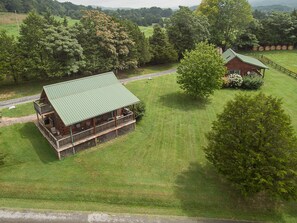 The two log cabins at Lazy Acres Farm. Lots of room to run and play