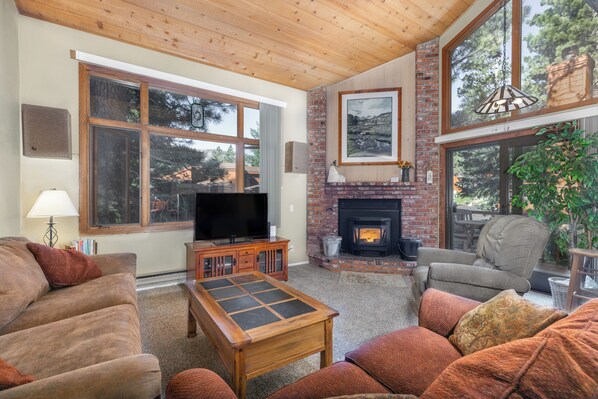 Livingroom with pellet stove, 40" flat panel TV with surround sound