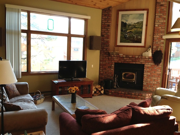 Livingroom with wood burning stove and 40' flat panel TV