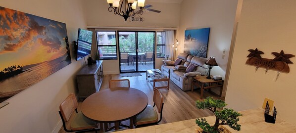 Fully furnished, updated condo, garden view overlooking pool area.
